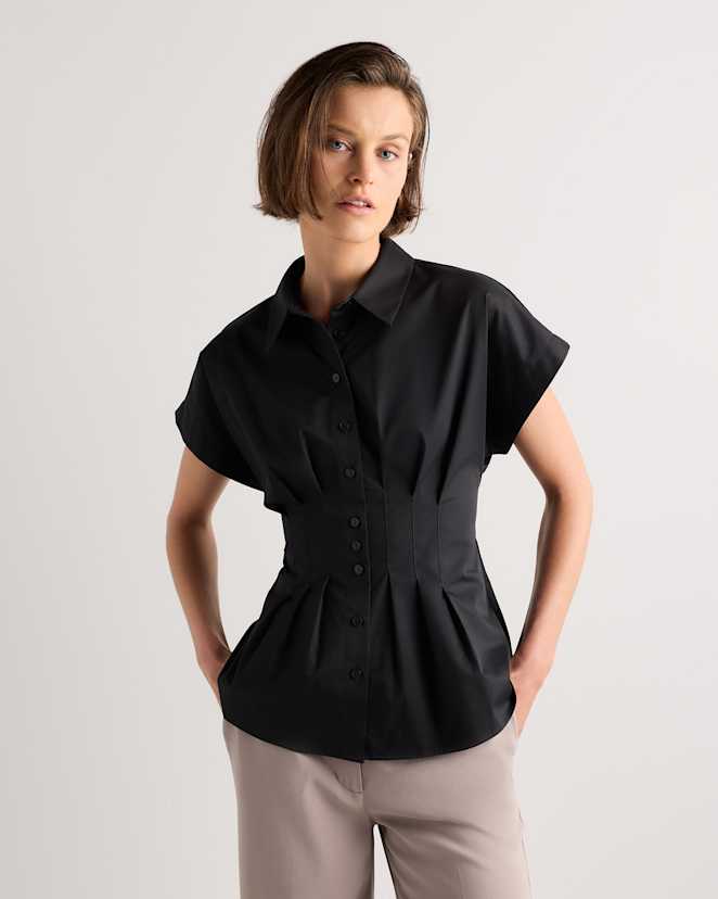 True Black Stretch Twill Pleated Short Sleeve Shirt