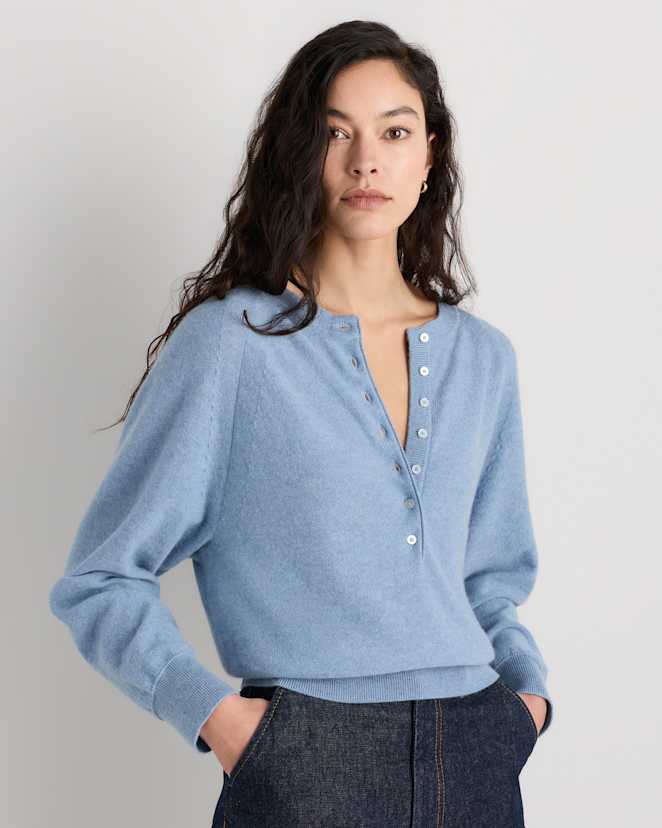 Faded Denim Mongolian Cashmere Dolman Sleeve Henley Sweater
