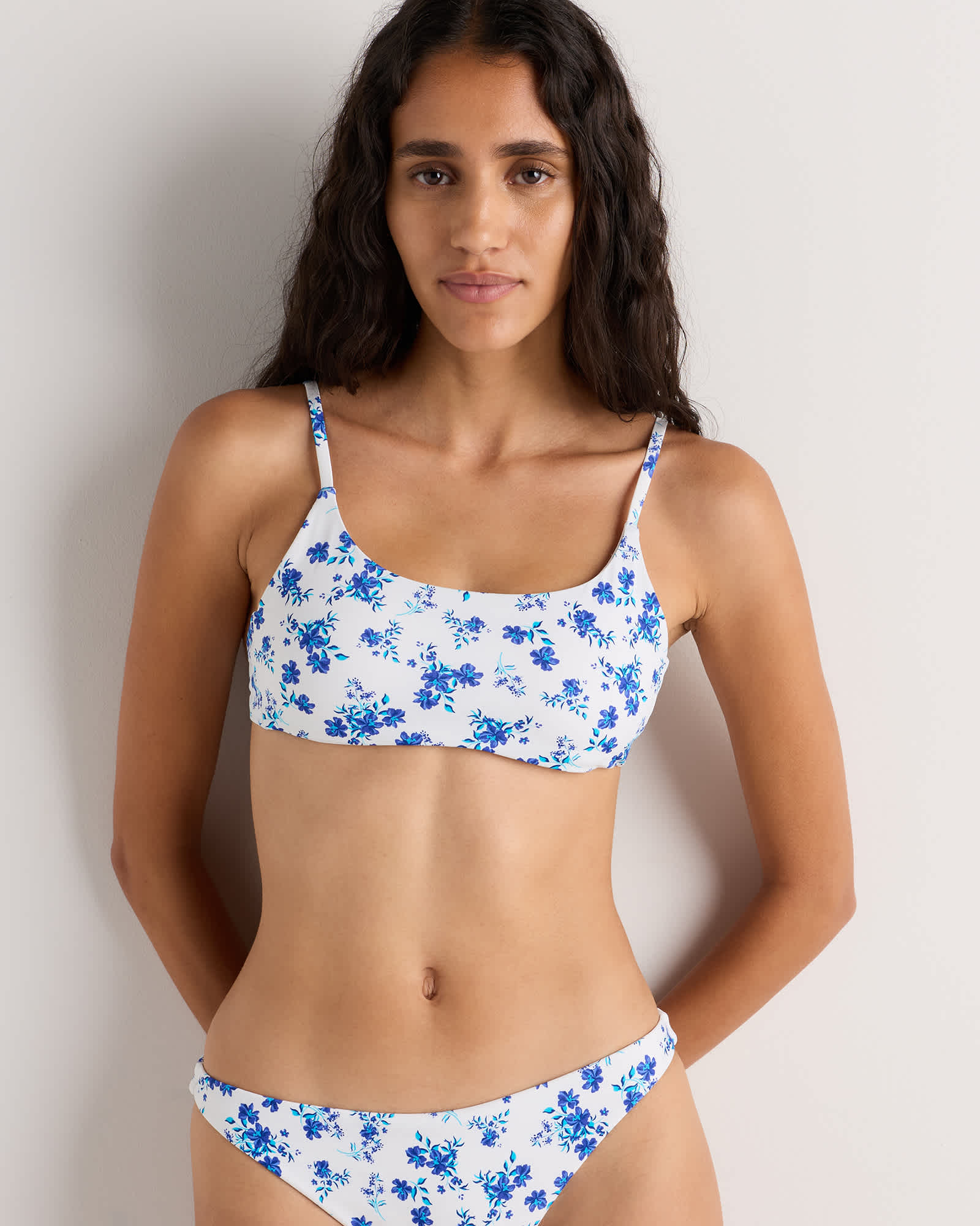 Electric Blue Floral Italian Scoop Neck Bikini Top