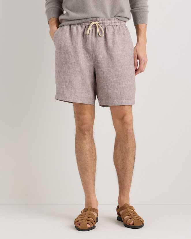 Taupe Brown Chambray 100% European Linen Drawstring Beach Shorts - 7"