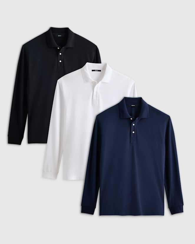 Black Organic Cotton Long Sleeve Pique Polo 3 Pack