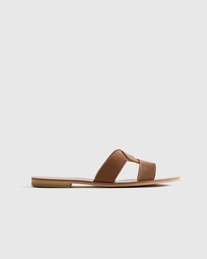 Cognac Italian Leather Cutout Slide Sandal