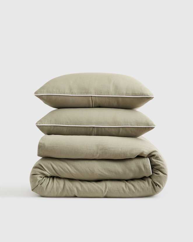 Willowleaf/White European Linen Piped Duvet Cover Set