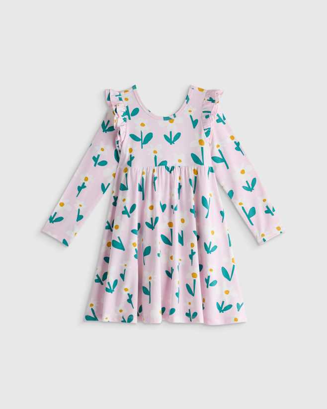 Bright Daisies Bamboo Long Sleeve Flutter Twirl Dress