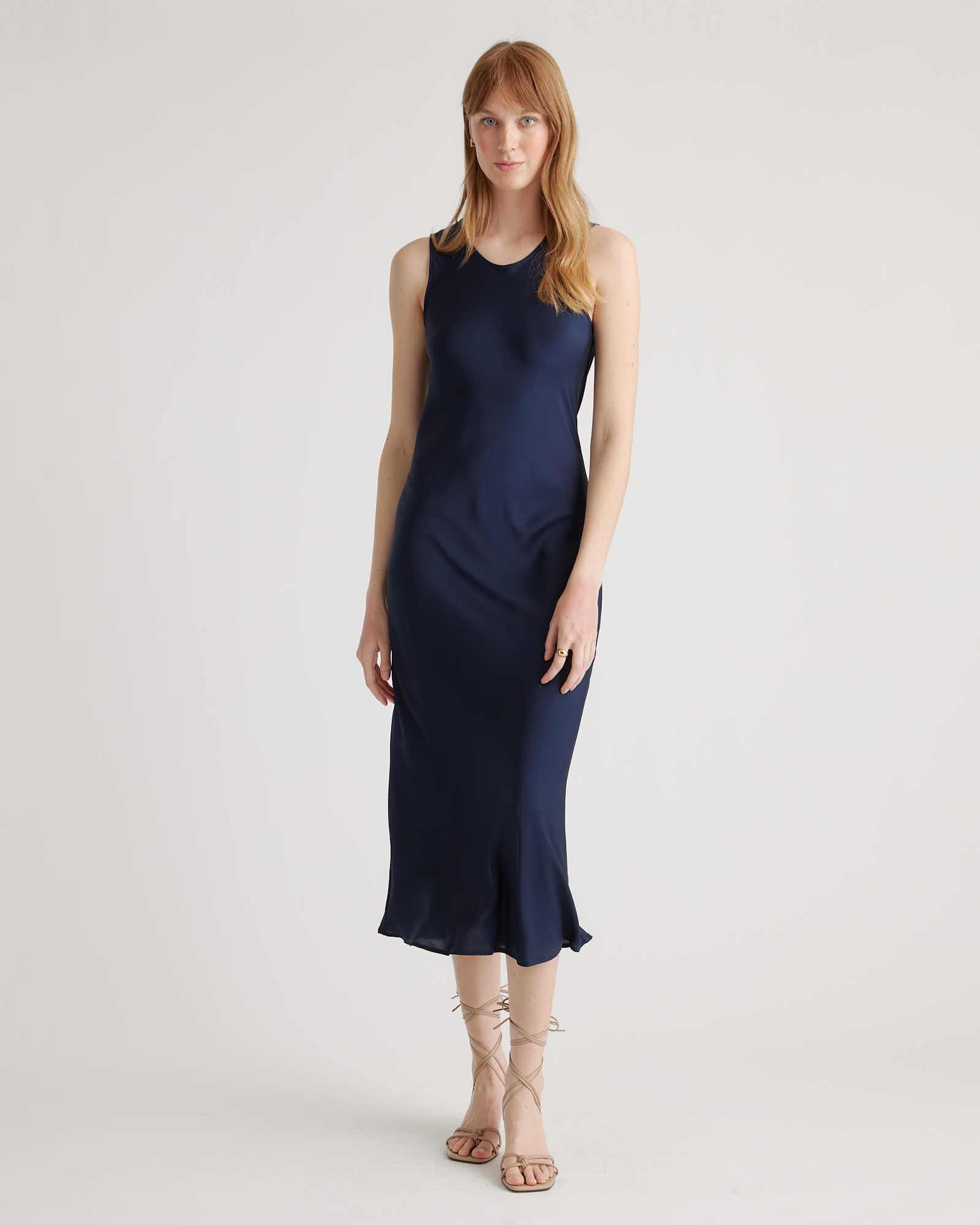 Navy Washable Stretch Silk Tank Midi Dress