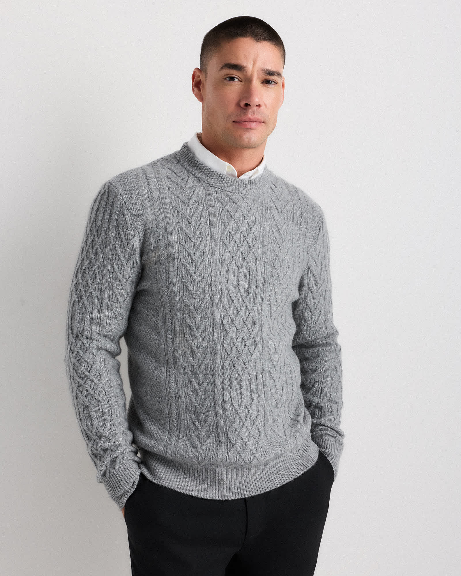 M-SWT-25-HGRY-01 EDITED Heather Grey Mongolian Cashmere Cable Crewneck Sweater