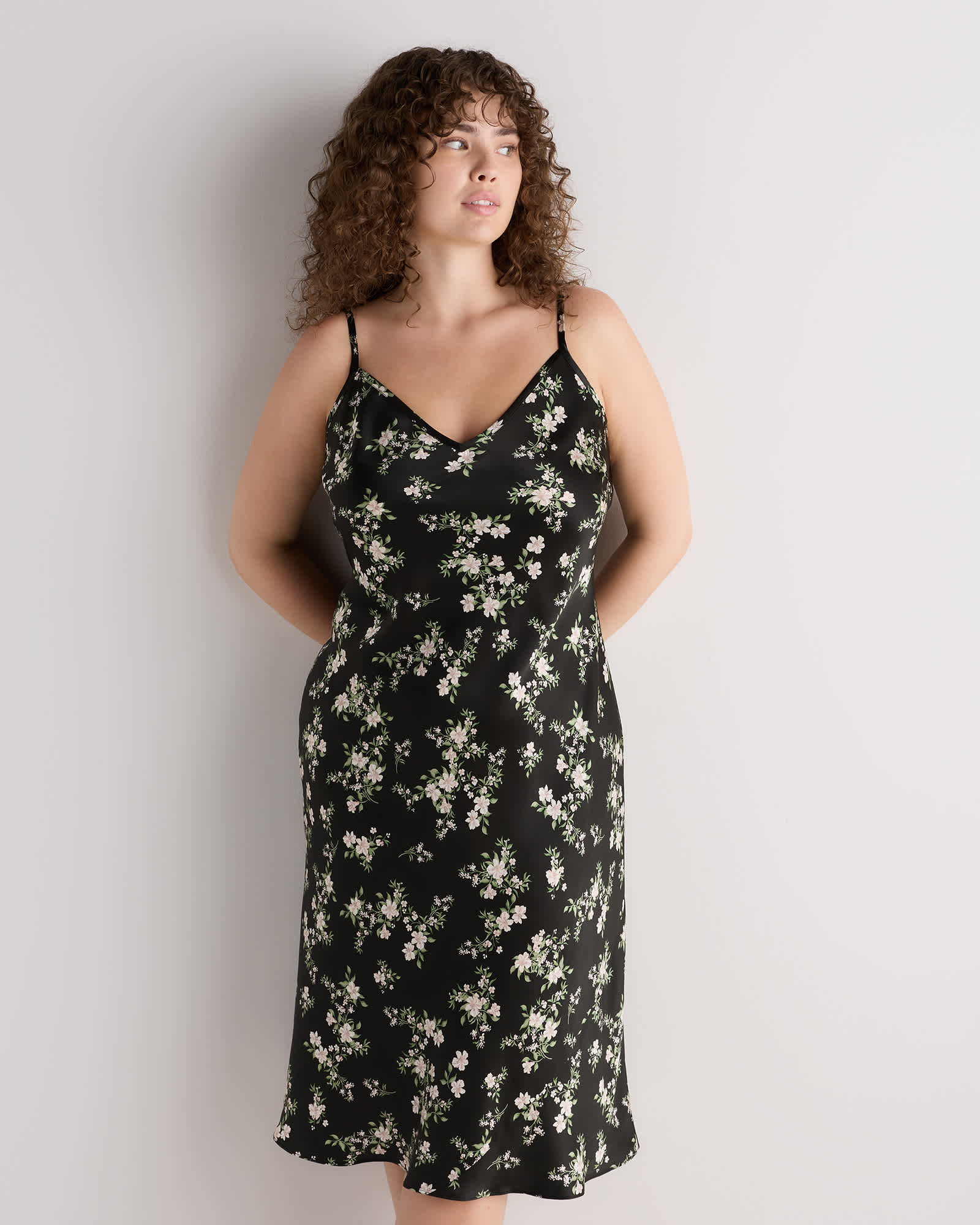 Black Vintage Pink Petite Floral 100% Washable Silk Slip Dress