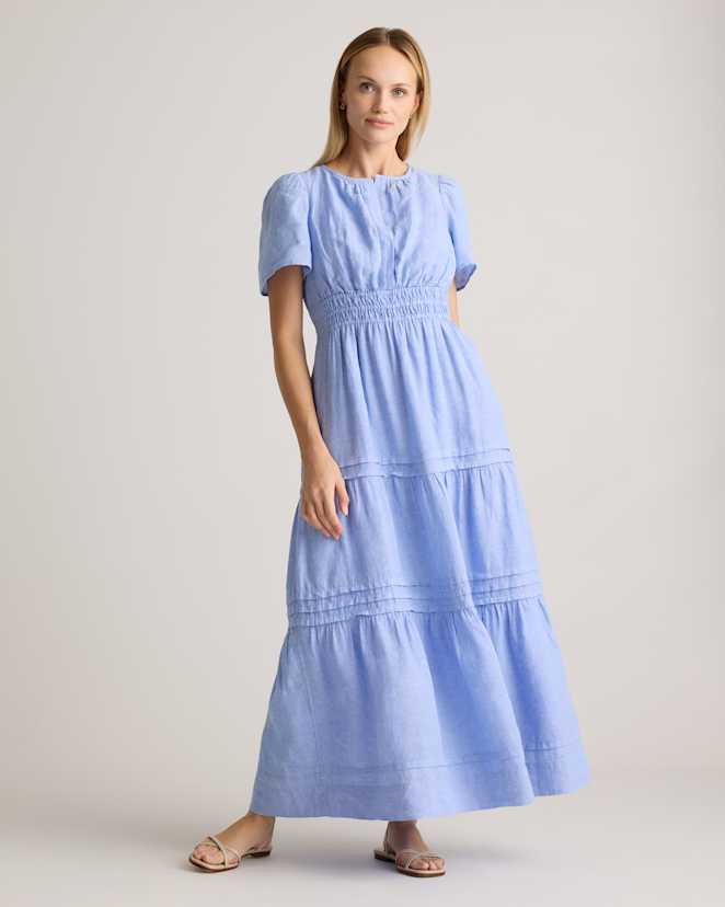 French Blue 100% European Linen Tiered Maxi Dress