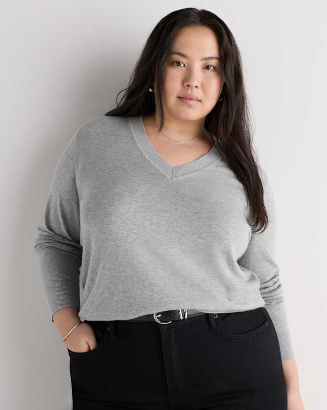 Heather Grey Lightweight Cotton Cashmere V-Neck Sweater