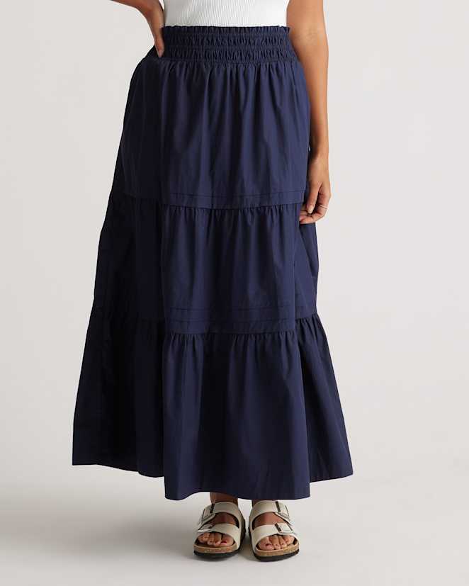 Navy 100% Organic Cotton Poplin Tiered Maxi Skirt