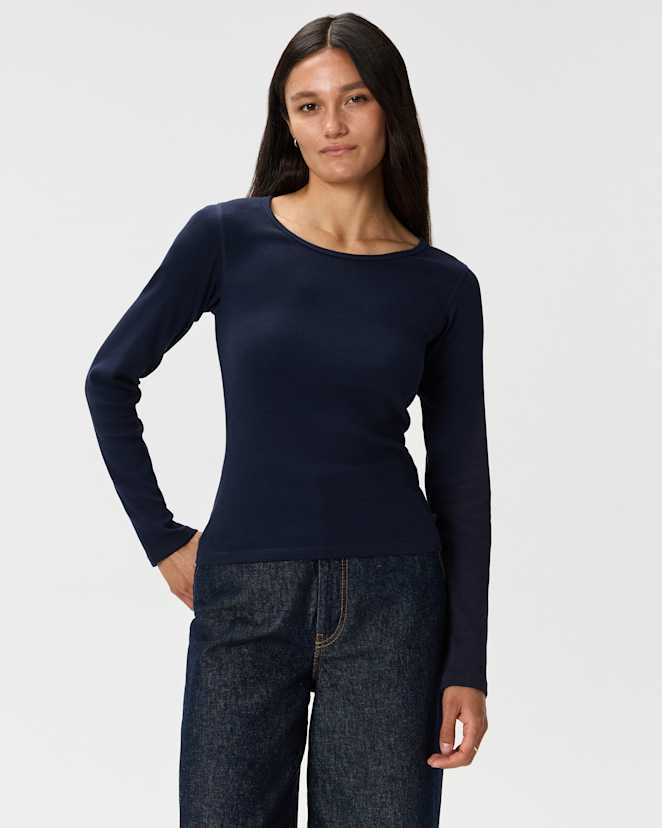 Deep Navy Organic Cotton Micro-Rib Long Sleeve Tee