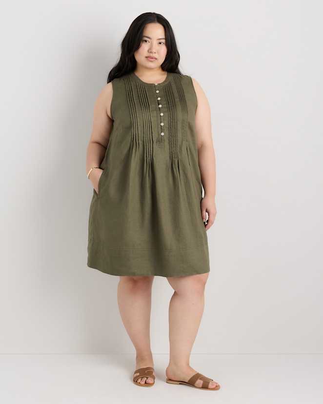 Bayberry Olive 100% European Linen Sleeveless Swing Dress