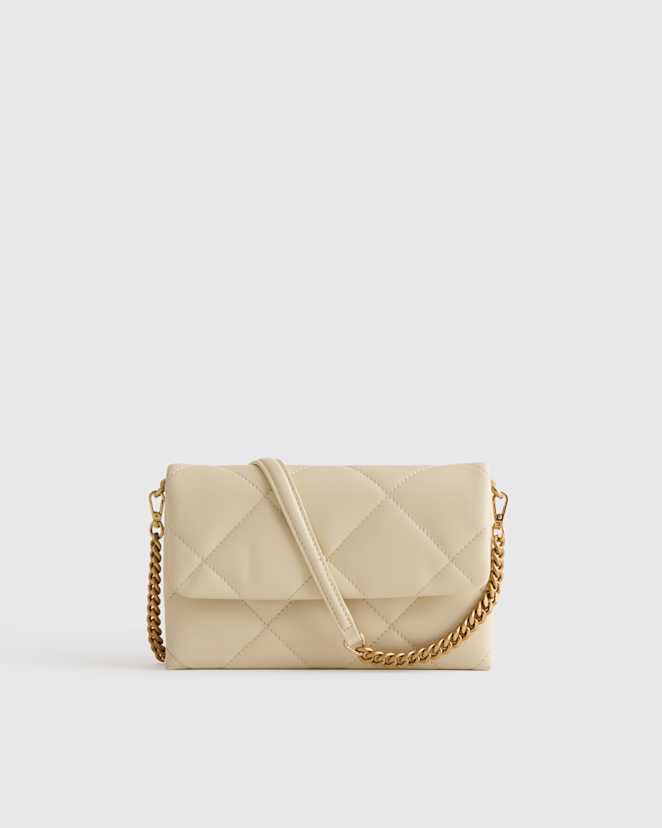 Cream Italian Leather Diamond Quilted Wallet Crossbody