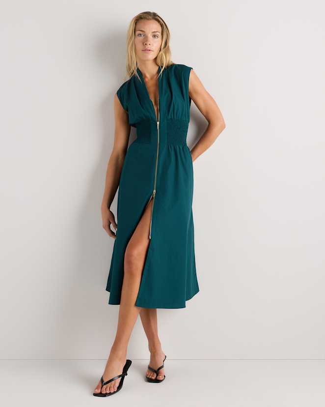 Ocean Green 100% Organic Cotton Poplin Zip-Front Midi Dress