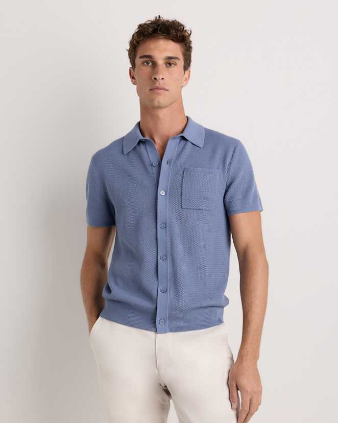 Moonstone Blue 100% Organic Cotton Mesh-Stitch Button-Up Sweater Polo