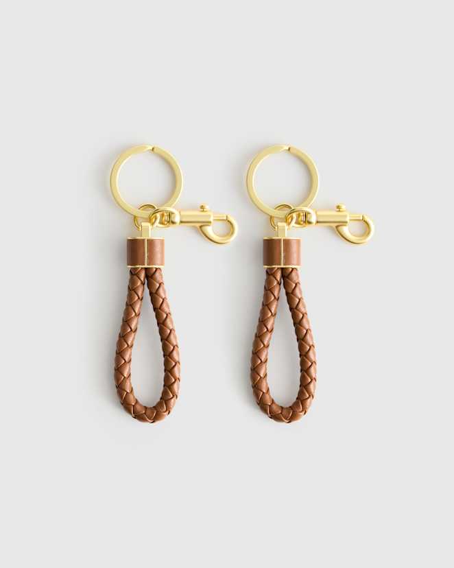 Cognac/Gold Italian Leather Braided Key Ring (2-Pack)