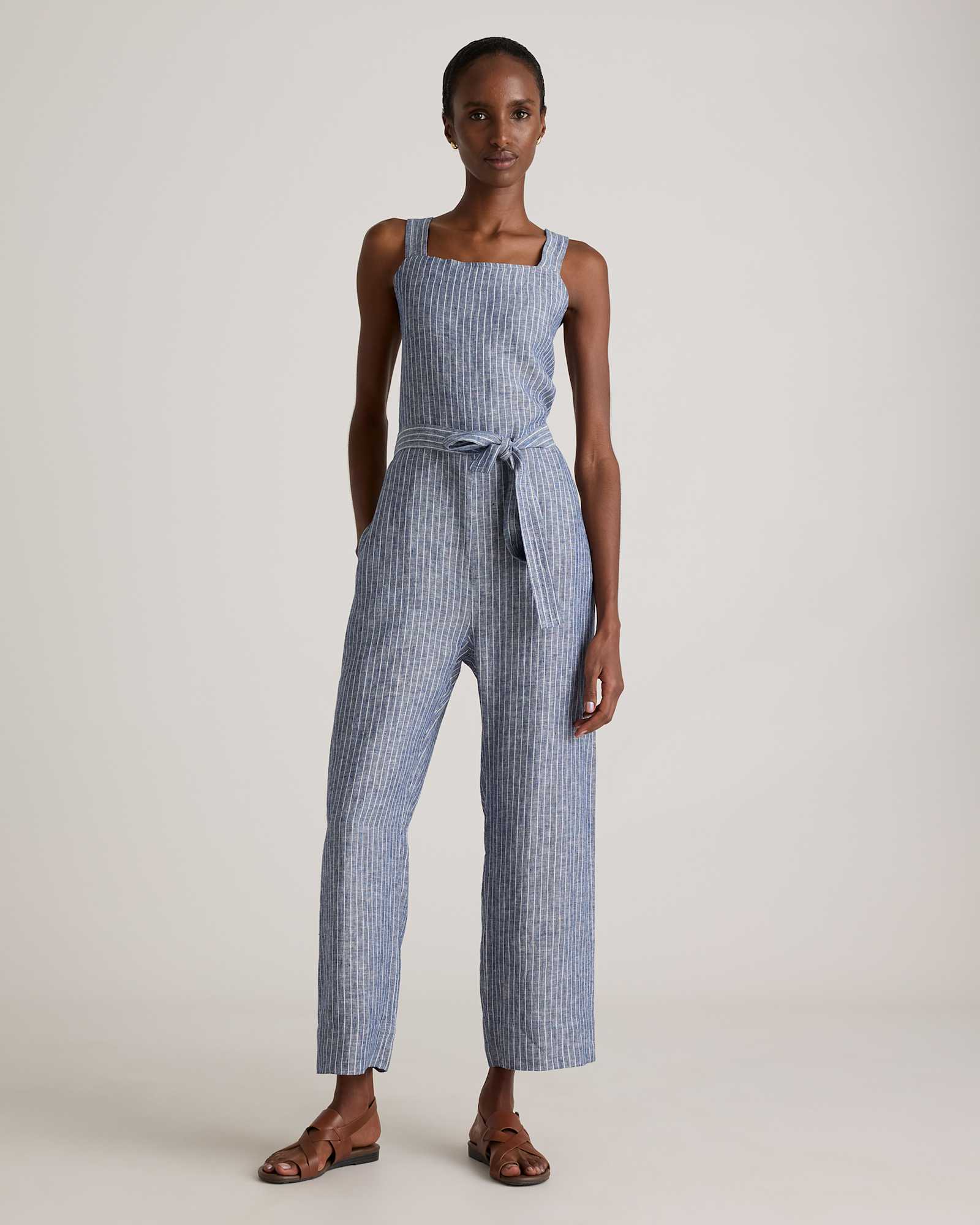 chambray-stripe 100% European Linen Square Neck Jumpsuit