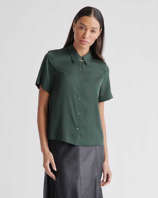 Forest Green Washable Stretch Silk Short Sleeve Blouse