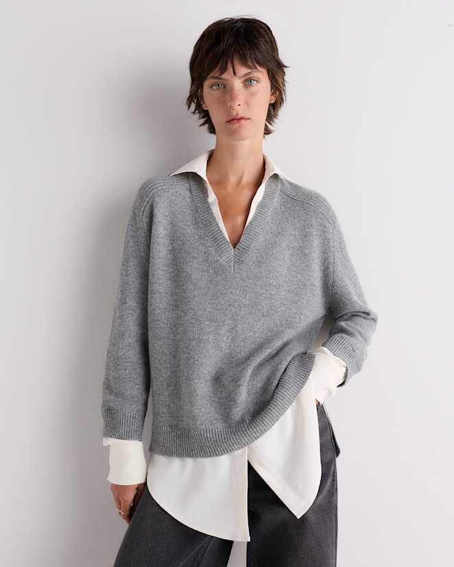 Heather Grey 100% Mongolian Cashmere Layered V-Neck Sweater