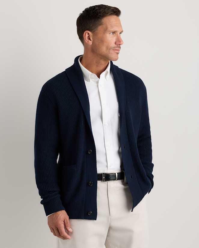 Navy 100% Organic Cotton Ribbed Shawl-Collar Cardigan Sweater