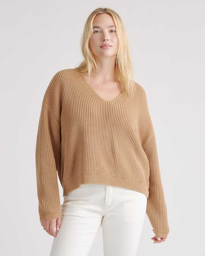 Camel 100% Organic Cotton Fisherman V-Neck Sweater