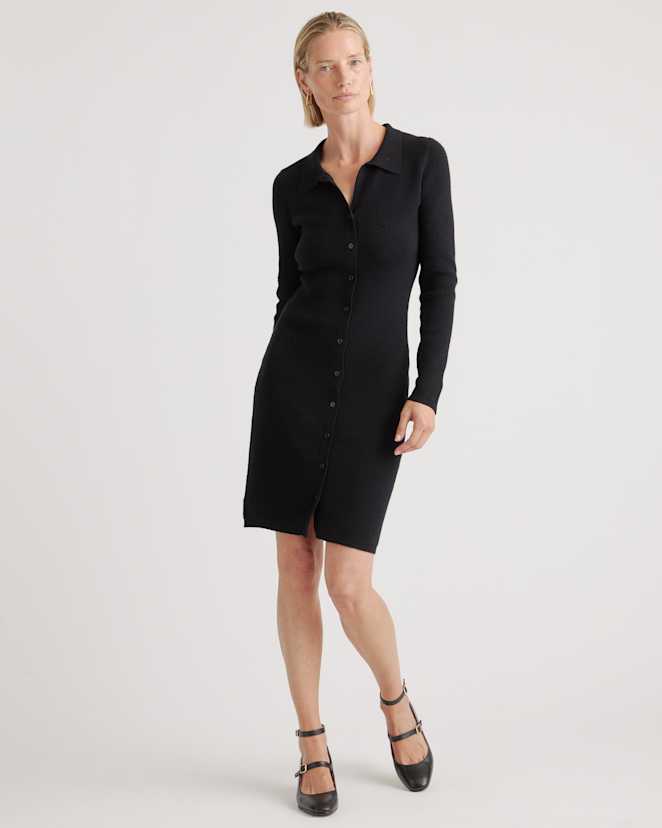 Black Eco-Knit Button-Up Sweater Dress