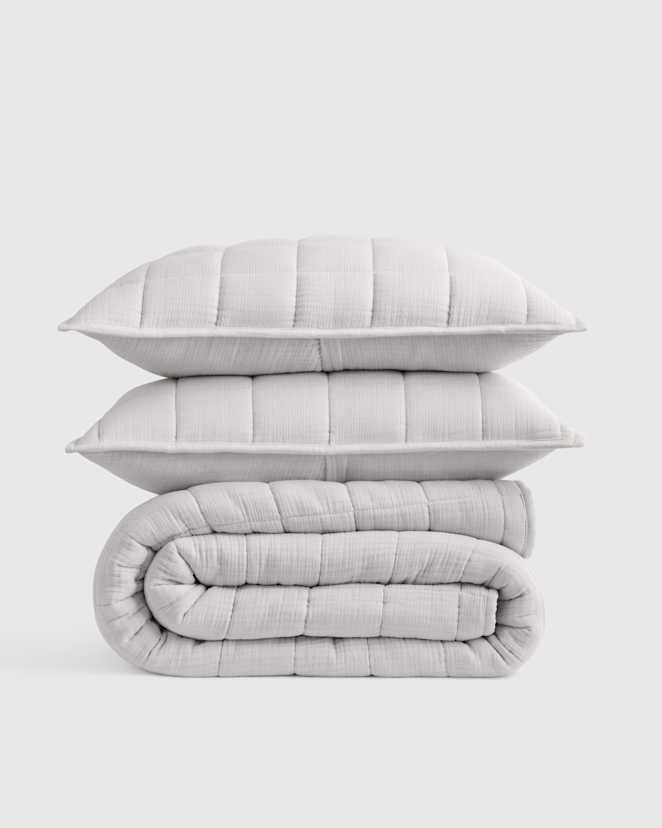 Light Grey Organic Cotton Gauze Box Quilt Set