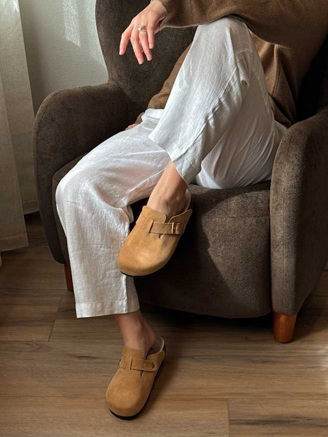 Pecan Water Repellent Suede Clog Mule