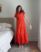Organic Cotton Poplin Tiered Maxi Dress Vermillion Red Victoria Schneider 4x5