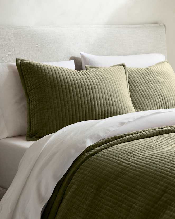 Moss Cotton Velvet Channel Quilted Sham Set