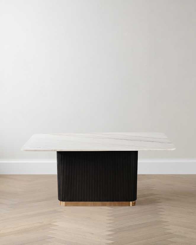 White/Black Fluted Wood and Genuine Marble Pedestal Dining Table