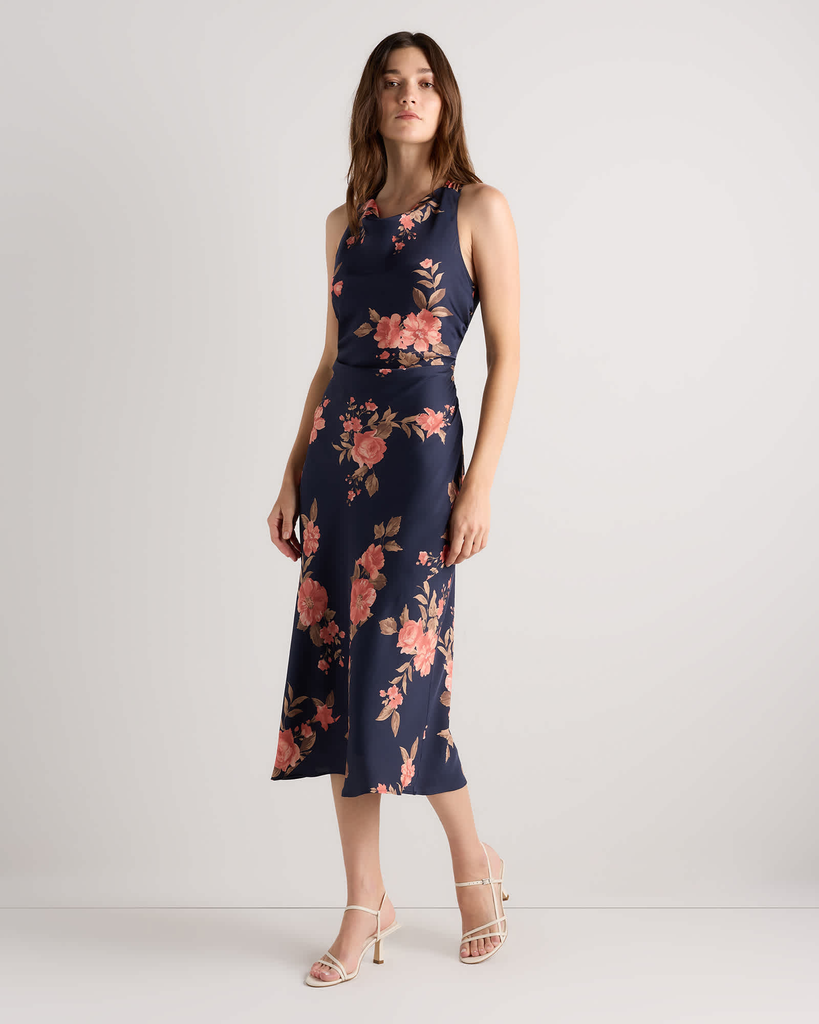 Vintage Navy Roses Washable Stretch Silk High Neck Midi Dress