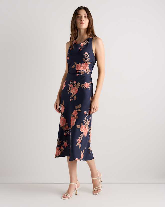 Vintage Navy Roses Washable Stretch Silk High Neck Midi Dress