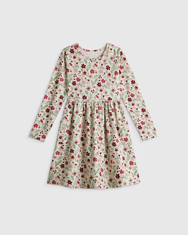 Floral Vines Robe à manches longues ajustée et évasée en coton biologique avec poches