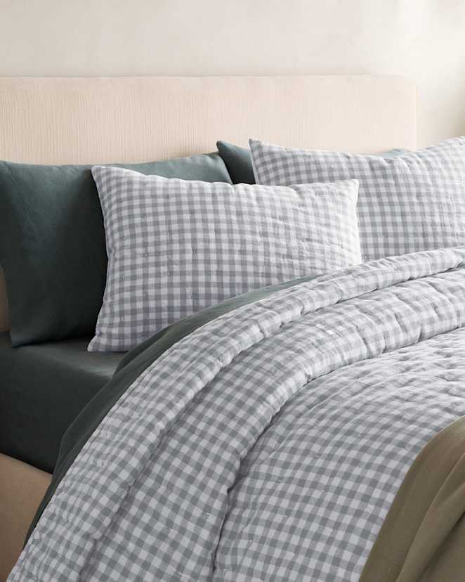 Light Blue Gingham European Linen Patterned Quilted Sham Set