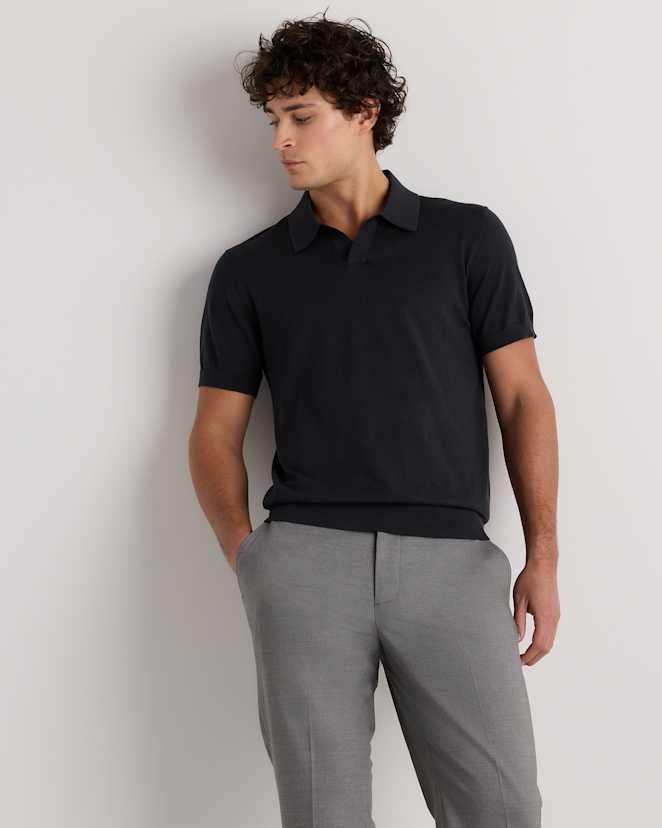 Charcoal Cotton-Silk Johnny Collar Polo