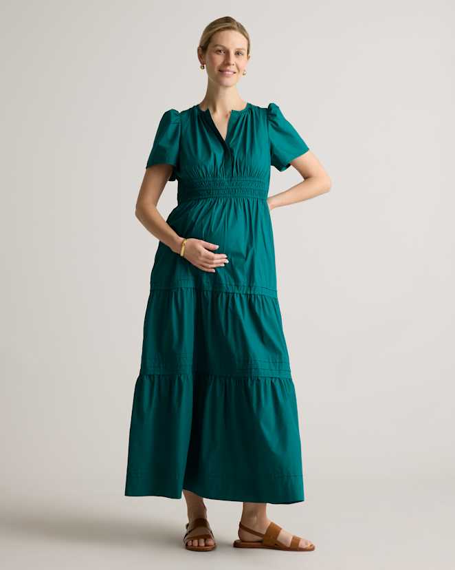 Garden Green 100% Organic Cotton Poplin Maternity Tiered Maxi Dress