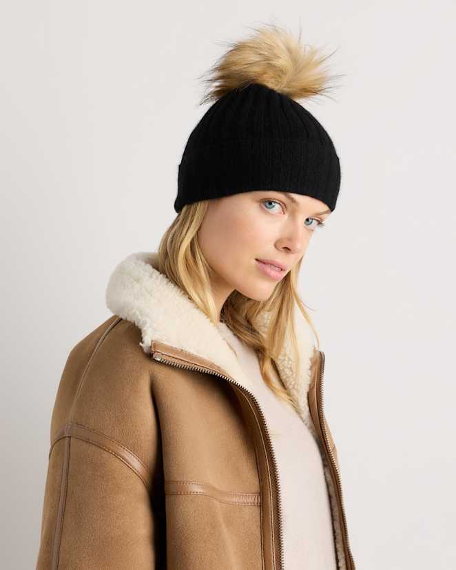 Black Mongolian Cashmere Pom Pom Beanie