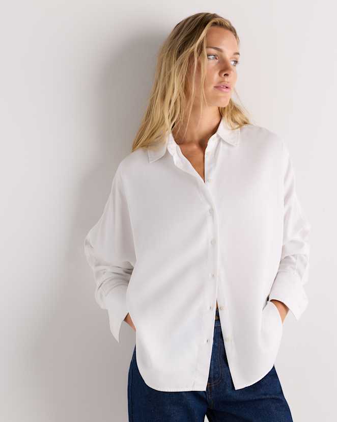 White Vintage Wash Tencel Dolman Long Sleeve Shirt