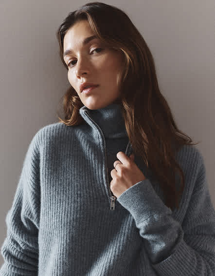 Heather Grey Mongolian Cashmere Fisherman Quarter Zip Sweater