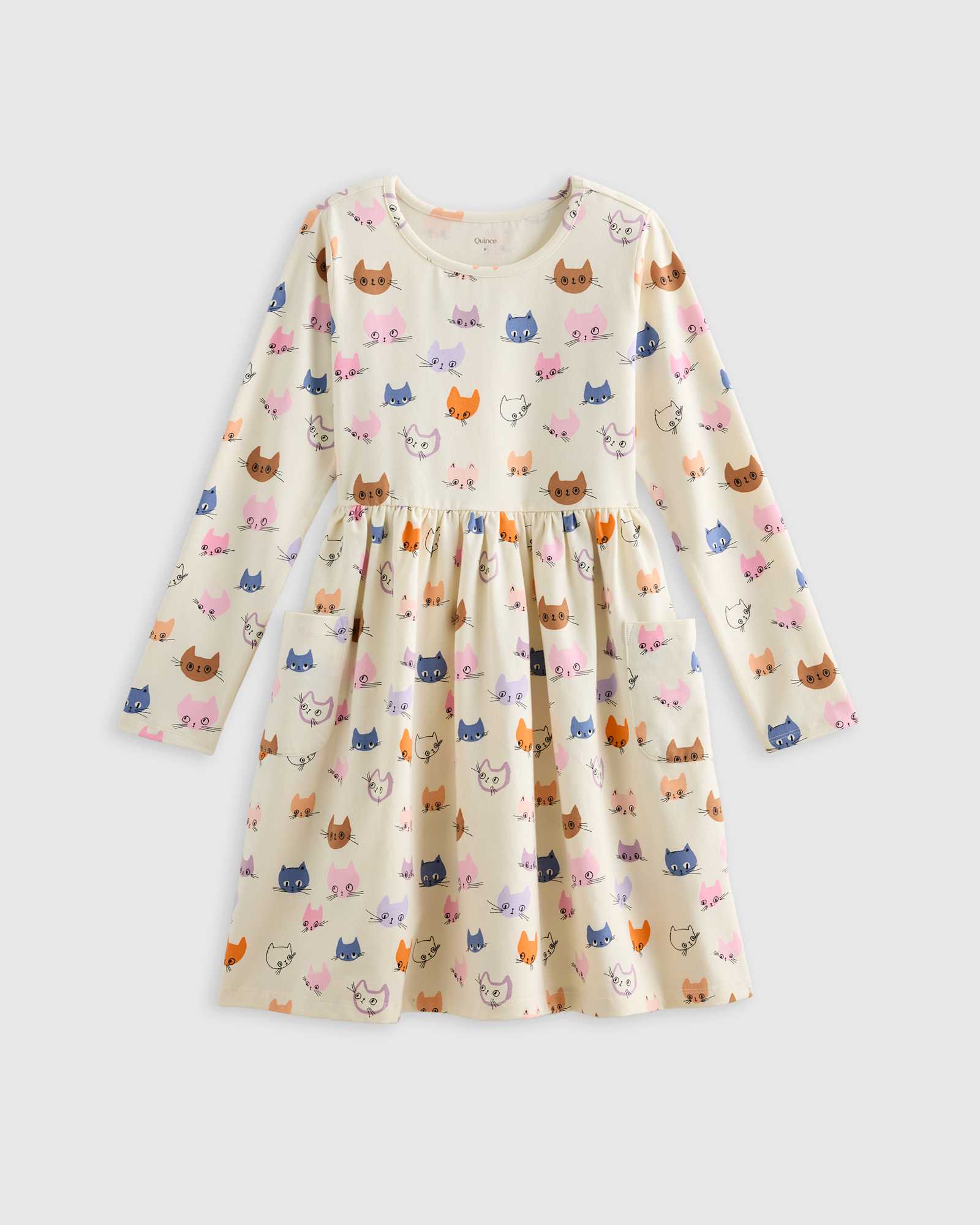 cat-faces Organic Cotton Long Sleeve Fit and Flare Pocket Dress
