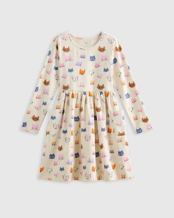 Cat Faces Organic Cotton Long Sleeve Fit and Flare Pocket Dress