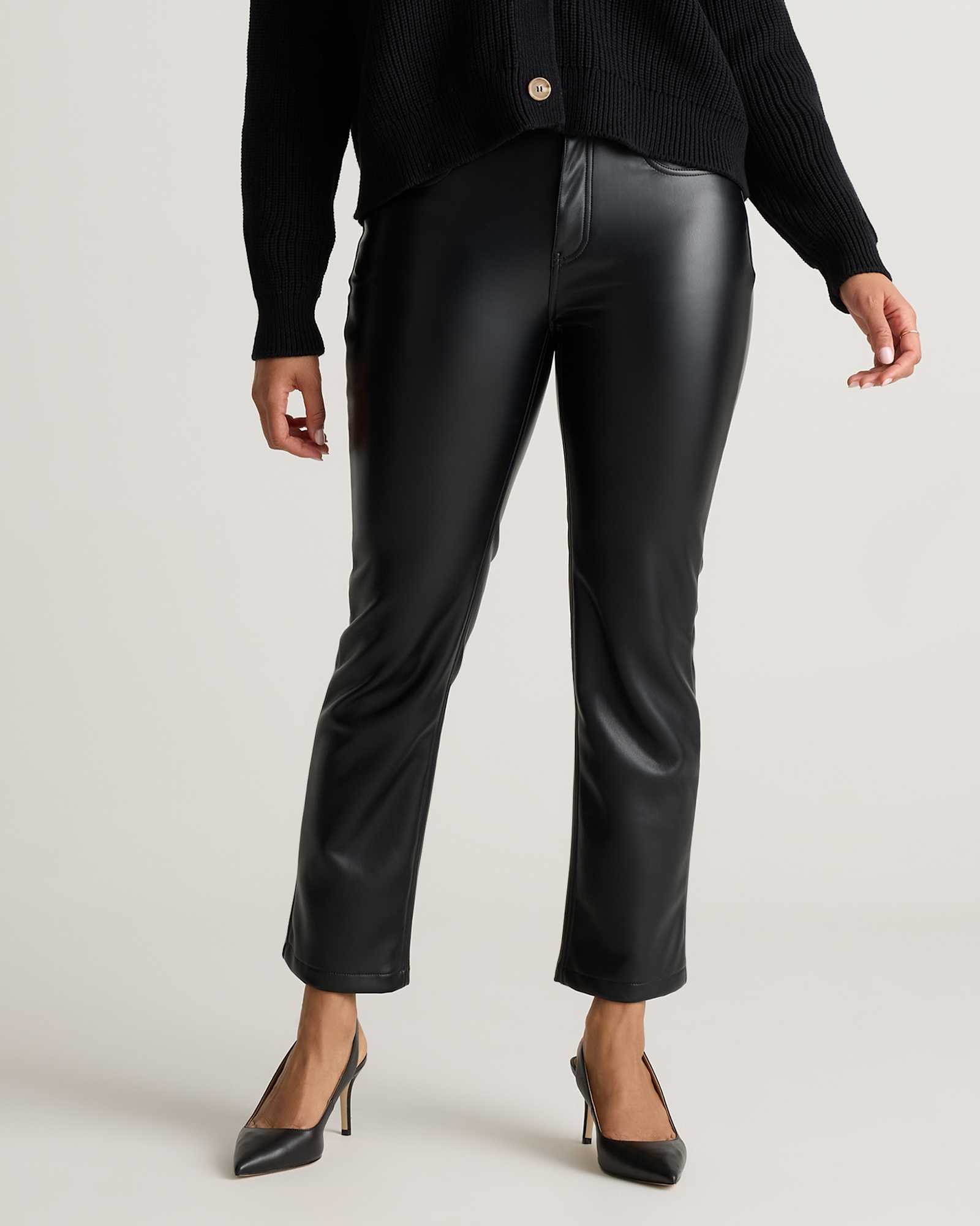 Rich Black Vegan Leather Straight Leg Pants