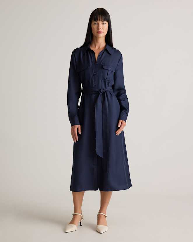 Deep Navy 100% Silk Twill Utility Shirt Dress