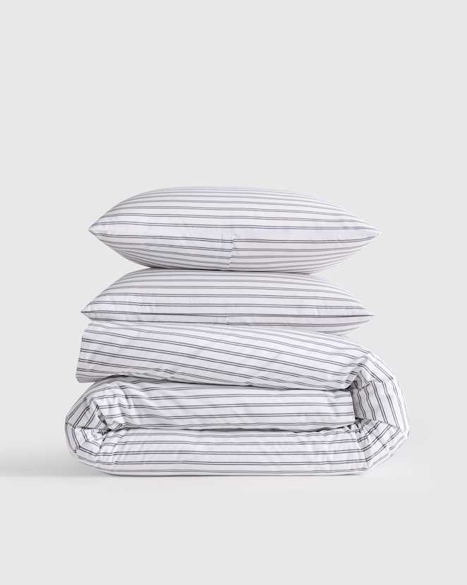White/Navy Classic Organic Percale Double Stripe Duvet Cover Set