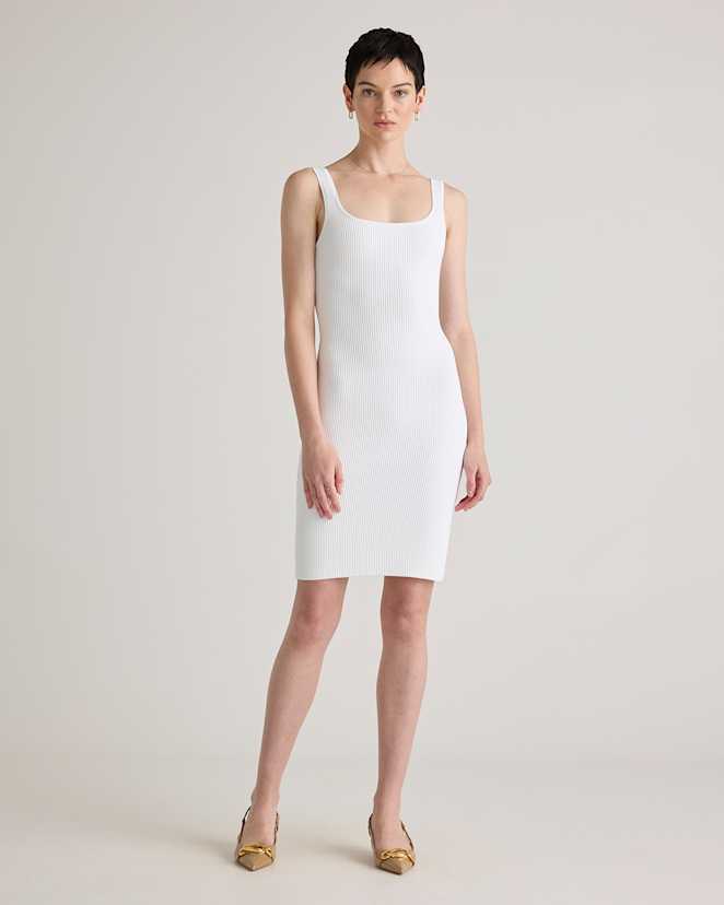 White Square Neck Ribbed Knit Mini Dress