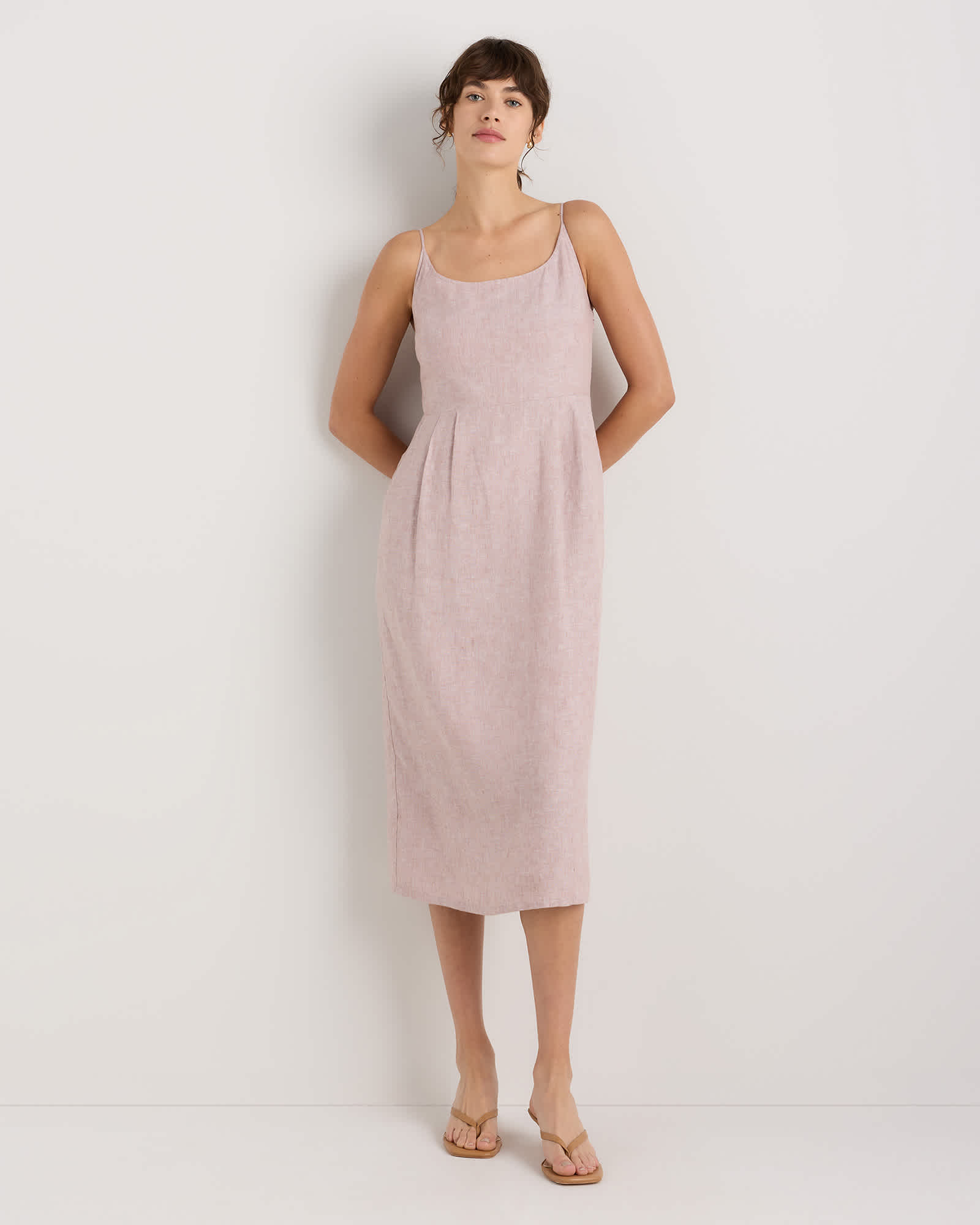 Vintage Pink Chambray 100% European Linen Scoop Neck Midi Dress