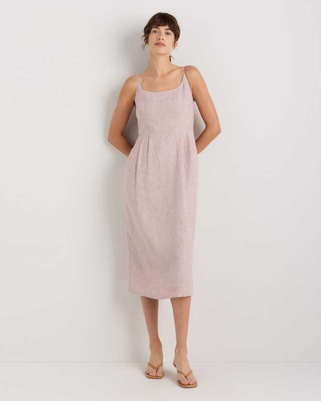 Vintage Pink Chambray 100% European Linen Scoop Neck Midi Dress
