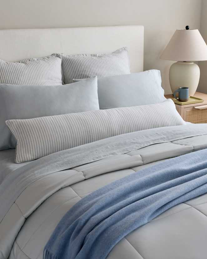 Mist/White Stripe Piped Linen Stripe Oversized Lumbar Pillow Cover