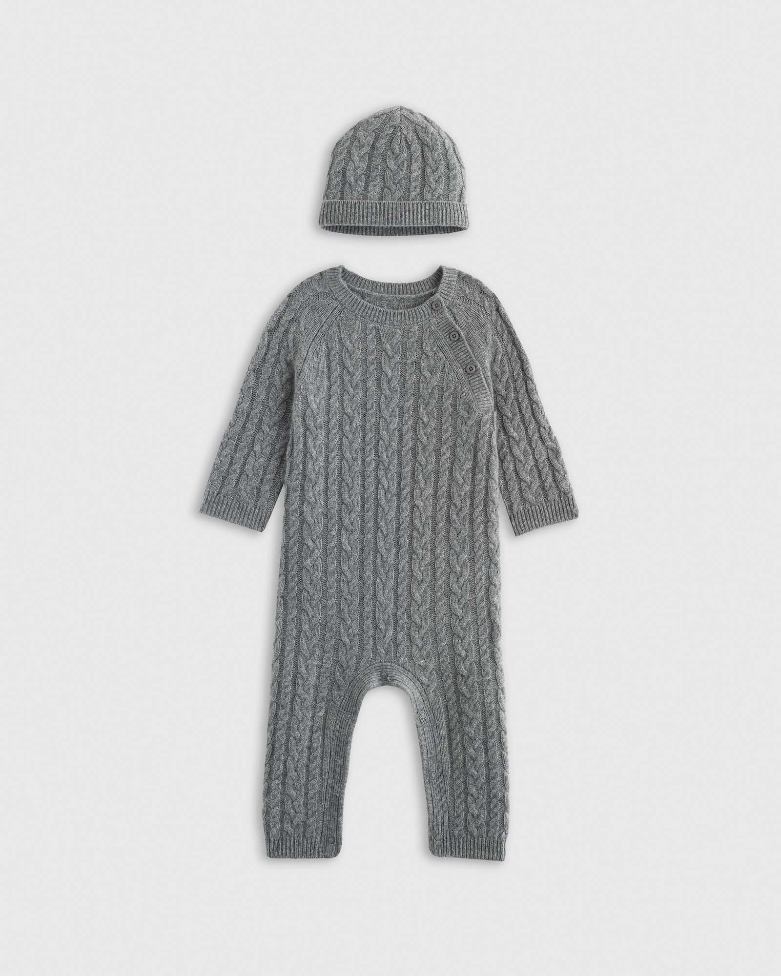 heather-grey Washable Cashmere Cable One Piece & Hat Set